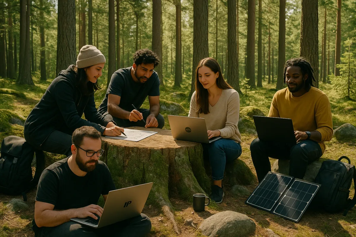 Distributed startup team collaborating outdoors on MVP planning, product execution, and early-stage problem solving.