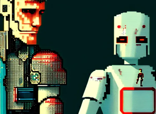 A human cyborg and a robot holding hands