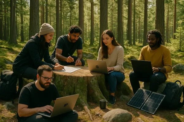 Distributed startup team collaborating outdoors on MVP planning, product execution, and early-stage problem solving.